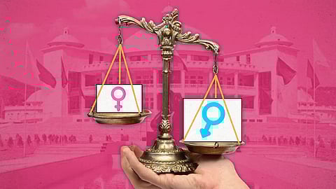 A weighing scale with gender symbols, with the Mizoram assembly in the background.