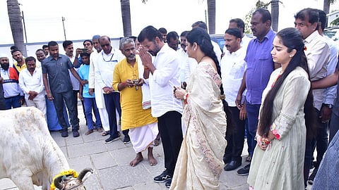 Telangana Polls: Revanth Reddy performs Gau Pooja before casting vote