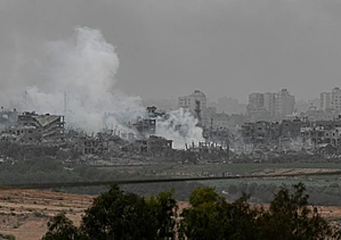 Smoke coming out from bombed buildings in Gaza
