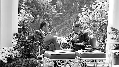 President Richard Nixon, left, speaks with national security adviser Henry Kissinger at the White House in September 1972.