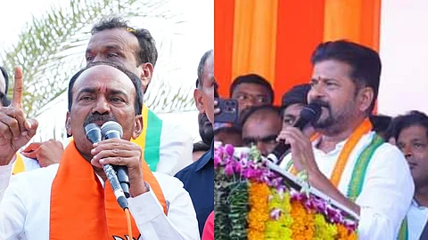 BJP MLA Eatala Rajender (left) and TPCC president Revanth Reddy (right)