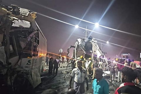 The SETC and the private omni bus at the accident spot near Vaniyambadi, Tamil Nadu