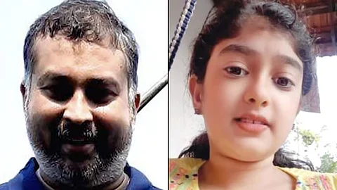 A collage of Sanu Mohan in a blue shirt, with a beard and his daughter Vaiga wearing yellow top, both are looking into the camera