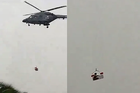 Pregnant woman being airlifted by the Indian Air Force.