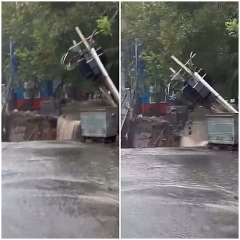 Chennai floods: Transformer collapses near Cathedral Road after road caves in