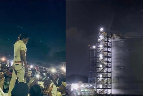 (L) Police attempt to calm Ennore residents, (R) Coromandel International Limited fertiliser company