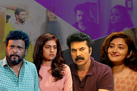 (From left) Jagadish as Chandran, Zarin Shihab as Anjali, Mammootty as Mathew, and Anjana Jayaprakash as Hamsadhwani