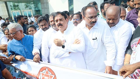 Janasena leader Nadendla Manohar at Novotel in Visakhapatnam