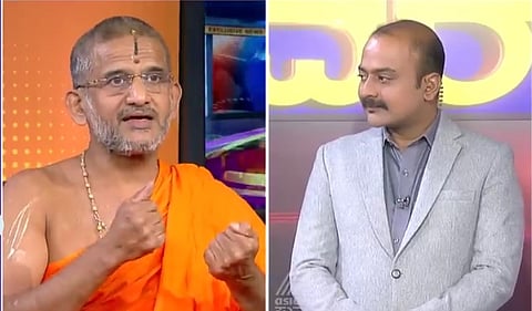 Udupi Pejawar math seer Vishwaprasanna Tirtha and Suvarna Kannada news anchor Ajith Hanumakkanavar