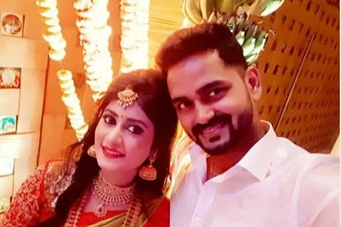 DMK MLA I Karunanithi's son Anto Madhivanan with his wife Merlina