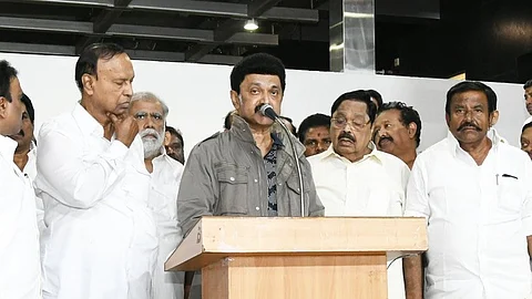 Chief Minister MK Stalin addressing mediapersons at the Chennai airport before leaving to Spain