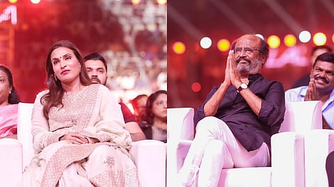 Aishwarya Rajinikanth and Rajinikanth at the audio launch of 'Lal Salaam'