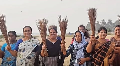 BJP women activists armed with brooms chase away youngsters at a Kerala beach