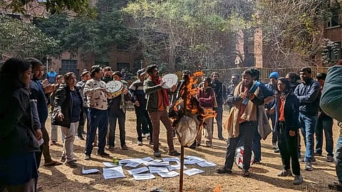 JNU students stage a protest on campus against Sudipto Sen