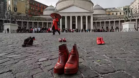 Shoes dyed red have become an emblem in Italy’s protests against anti-woman violence.