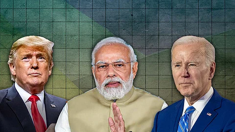 A  collage of Donald Trump Narendra Modi and Joe Biden  