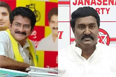 Former TDP MLA Nallamilli Ramakrishna Reddy (on left), JSP leader Pothina Mahesh (on right)
