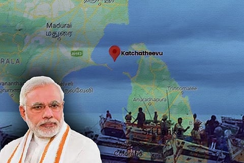 Image of PM Narendra Modi super imposed on the map with Katchatheevu and fisherfolk