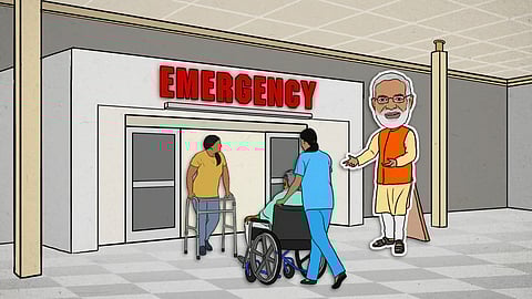 Illustration of a hospital with a Modi cutout at the door.