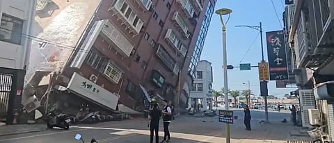 Building collapsing after a 7.2 magnitude earthquake hit Taiwan