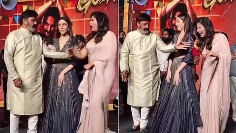 A collage of a screengrab showing Nandamuri Balakrishna shoving actor Anjali who seems shocked, and another of Anjali attempting to laugh it off.
