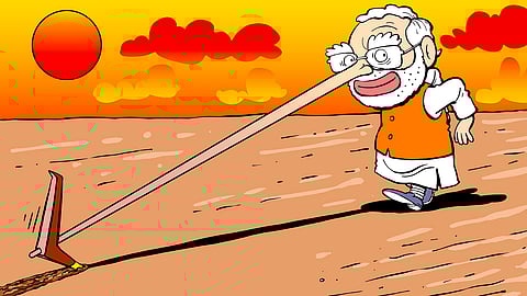 Cartoon of Modi with a long nose tilling a field.