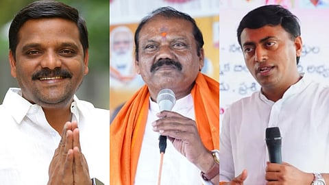 (From left to right) Chintapandu Naveen, alias, Teenmaar Mallanna of Congress, G Premender Reddy of BJP and A Rakesh Reddy of BRS