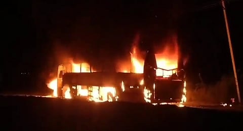 Fire engulfing the bus