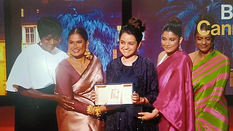 Payal Kapadia accepting the Grand Prix award at Cannes Film Festival