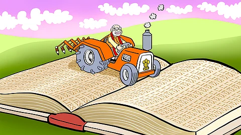 Cartoon of Modi driving a tractor over pages of lies