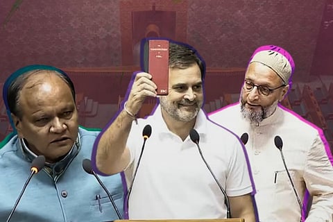 From left: Chhatrapal Singh Gangwar, Rahul Gandhi, and Asaduddin Owaisi