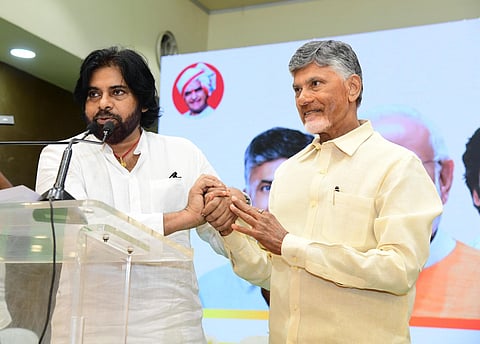 AP Chief Minister N Chandrababu Naidu (on the right), and Deputy CM Pawan Kalyan.