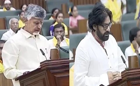 Collage of Chandrababu Naidu and Pawan Kalyan taking oath