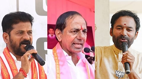 (From left to right) Telanagna CM Revanth Reddy, BRS chief K Chandrasekhar Rao, BJP Telangana president G Kishan Reddy