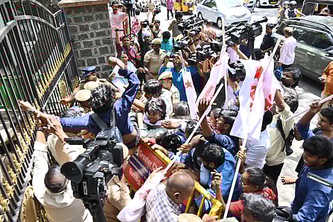 Protesters outside the Shastri Bhavan in Chennai