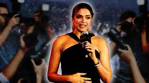 A stylised image of a pregnant Deepika Padukone speaking into a microphone, with cameras trained on her in the background