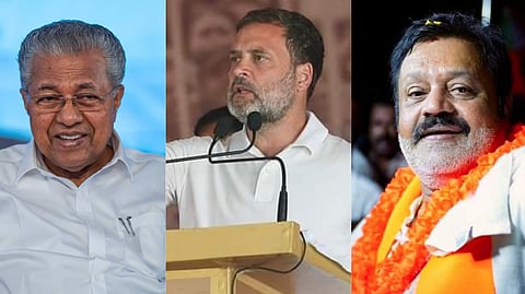 From left: Pinarayi Vijayan, Rahul Gandhi, and Suresh Gopi