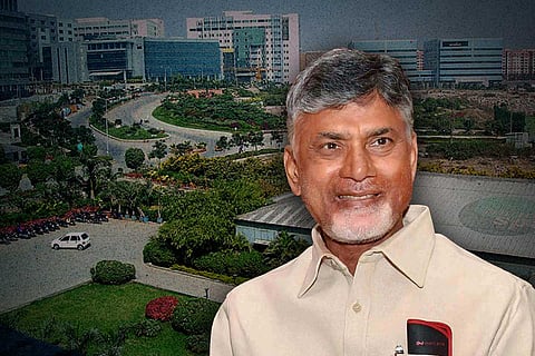 An image of Chandrababu Naidu against the backdrop of he HITEC City in Hyderabad.