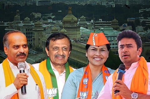 From left, PC Mohan, CN Manjunath, Shobha Karandlaje and Tejasvi Surya