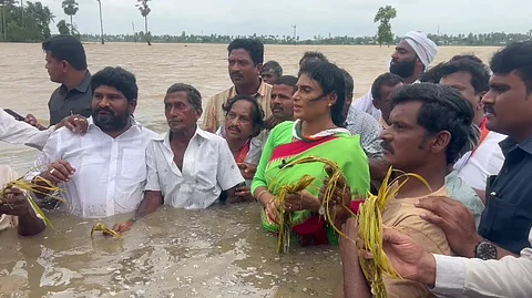 YS Sharmila wades through waist-deep floodwaters, demands flood relief for Andhra