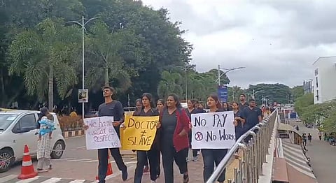 Students of the MS Ramaiah Dental College launch a protest.