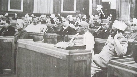 First day of Constituent Assembly of India. Seated in the first row from Left are Dr BR Ambedkar, BG Kher, Vallabhai Patel and KM Munshi.