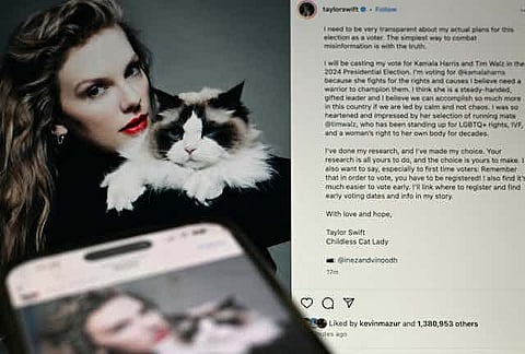 Taylor Swift endorsed Kamala Harris and Tim Walz on Instagram on Sept. 10, 2024, posing with her cat and explaining her choice. Pedro Ugarte/AFP via Getty Images