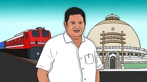 Illustration of a smiling Armstrong in a white shirt standing in front of a train and a large dome-shaped building with pillars. The background is a clear blue sky.