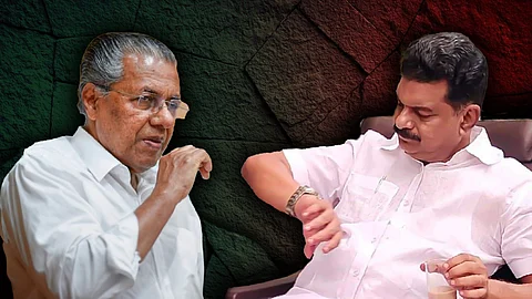 Kerala Chief Minister Pinarayi Vijayan on the left in a white shirt, gesturing while seated, and MLA PV Anwar on the right in a white shirt, looking down and holding a glass of tea, with a textured background in shades of green and red.