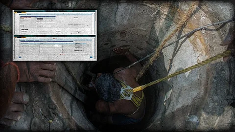 A person descends into a man hole using a rope, with several people assisting from above. An overlaid screenshot vividly highlights a computer form addressing manual scavenging.