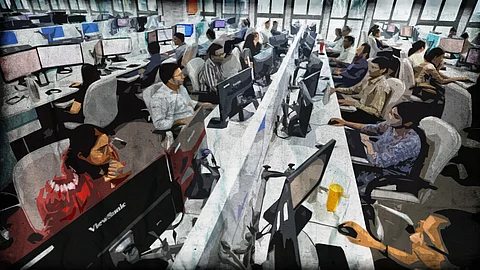 Illustration of a busy office with numerous people working at computer desks, arranged in two rows in a large, brightly lit room.