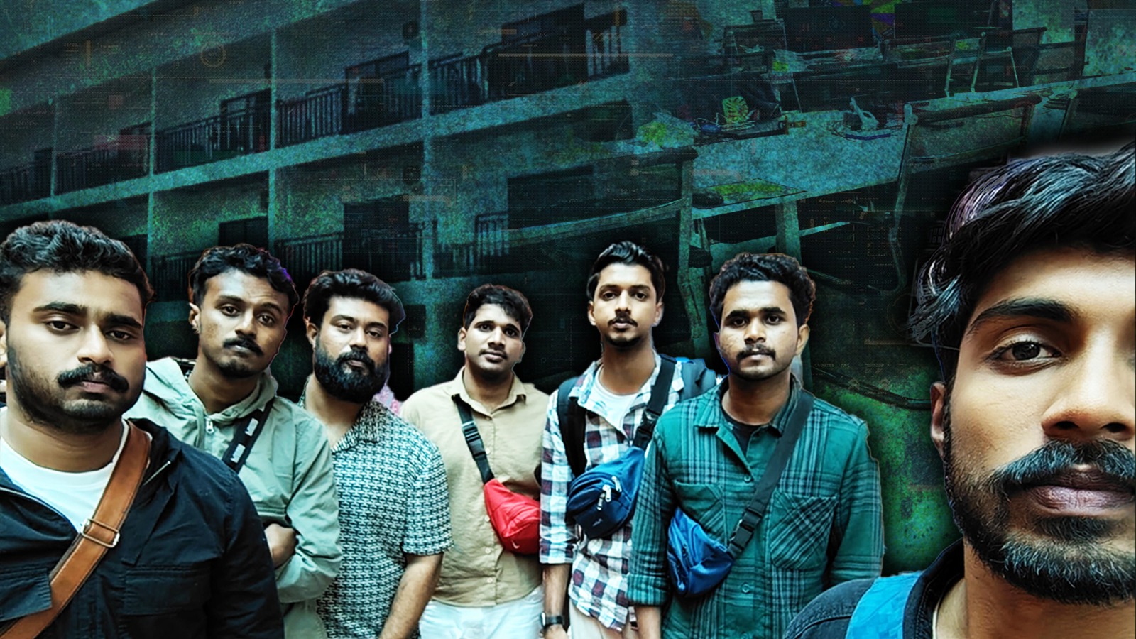 Seven men standing together, with a backdrop of a building and dimly lit interior scenes resembling office workstations.