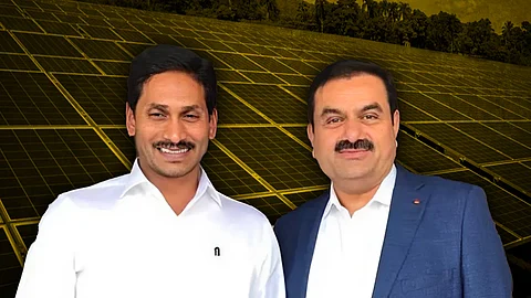 Jagan Mohan Reddy and Gautam Adani against a background of solar power panels in a stylised image