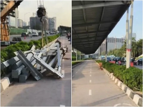 The roof being removed from part of the solar cycling track in Hyderabad